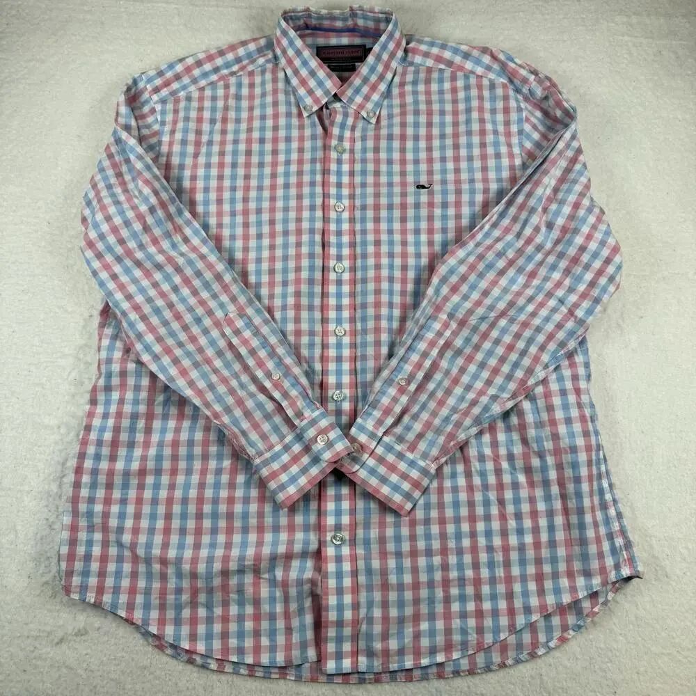 Vineyard Vines Shirt Mens Size L Multicolor Check Whale 100% Cotton Button Down